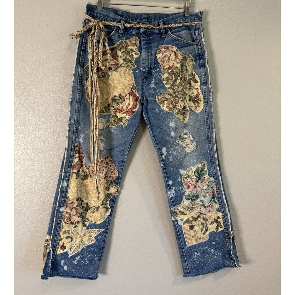 OOAK Upcycled Wrangler Jeans Whimsigoth Boho Lagenlook Reworked Denim Distressed - Picture 5 of 16